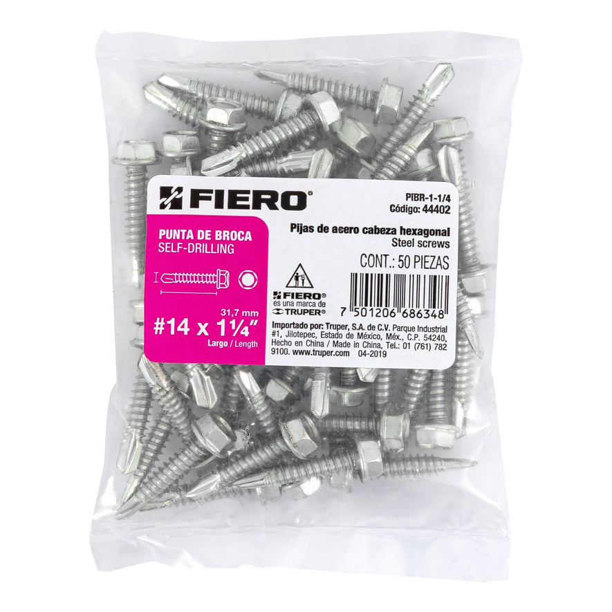 Bolsa con 50 pijas 1-1/4' cabeza hexagonal, punta de broca Caja con 6, 44402