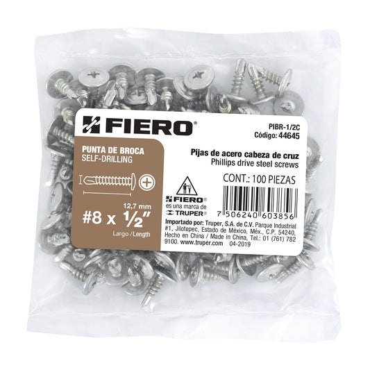 Bolsa con 100 pijas cabeza cruz, punta de broca 1/2', Fiero Caja con 6, 44645