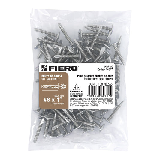 Bolsa con 100 pijas cabeza cruz, punta de broca 1', Fiero Caja con 6, 44647