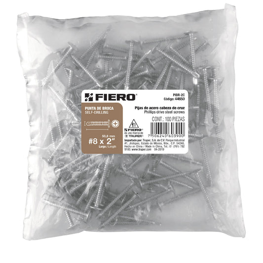 Bolsa con 100 pijas cabeza cruz, punta de broca 2', Fiero Caja con 6, 44650