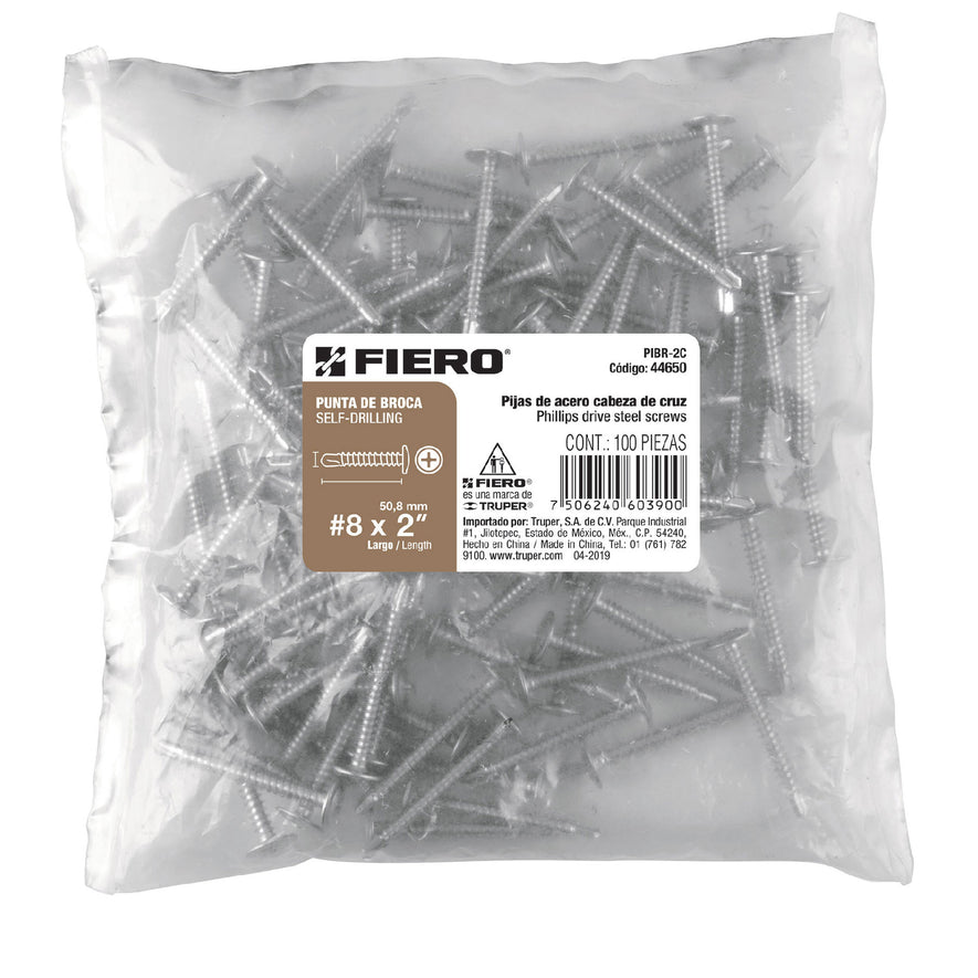 Bolsa con 100 pijas cabeza cruz, punta de broca 2', Fiero Caja con 6, 44650