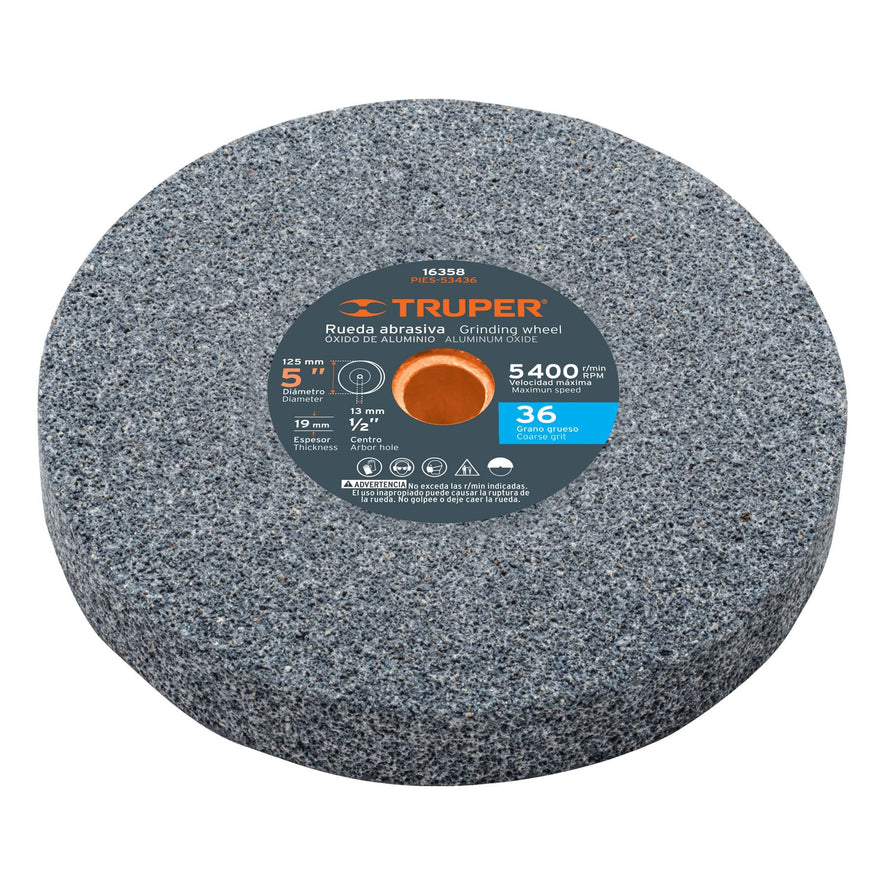 Rueda abrasiva p/esmeril 5X3/4', óxido de aluminio, grano 36 Caja con 6, 16358