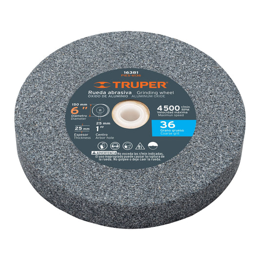 Rueda abrasiva p/esmeril 6 X 1', óxido de aluminio, grano 36 Caja con 6, 16381