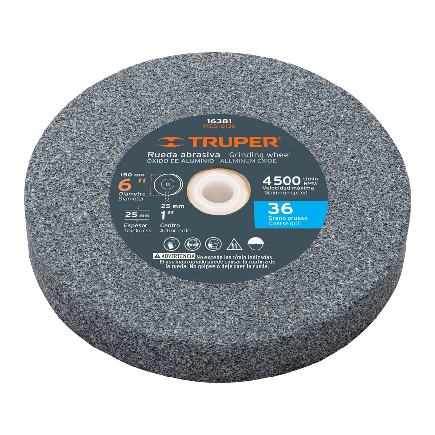 Rueda abrasiva p/esmeril 6 X 1', óxido de aluminio, grano 36 Caja con 6, 16381