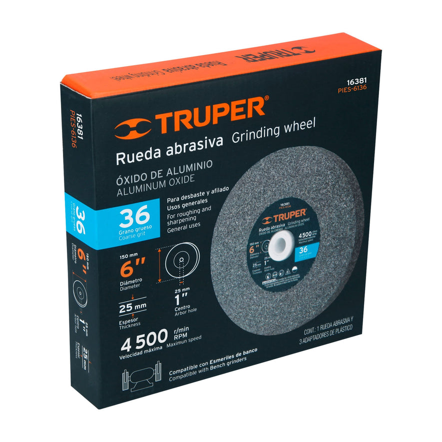 Rueda abrasiva p/esmeril 6 X 1', óxido de aluminio, grano 36 Caja con 6, 16381