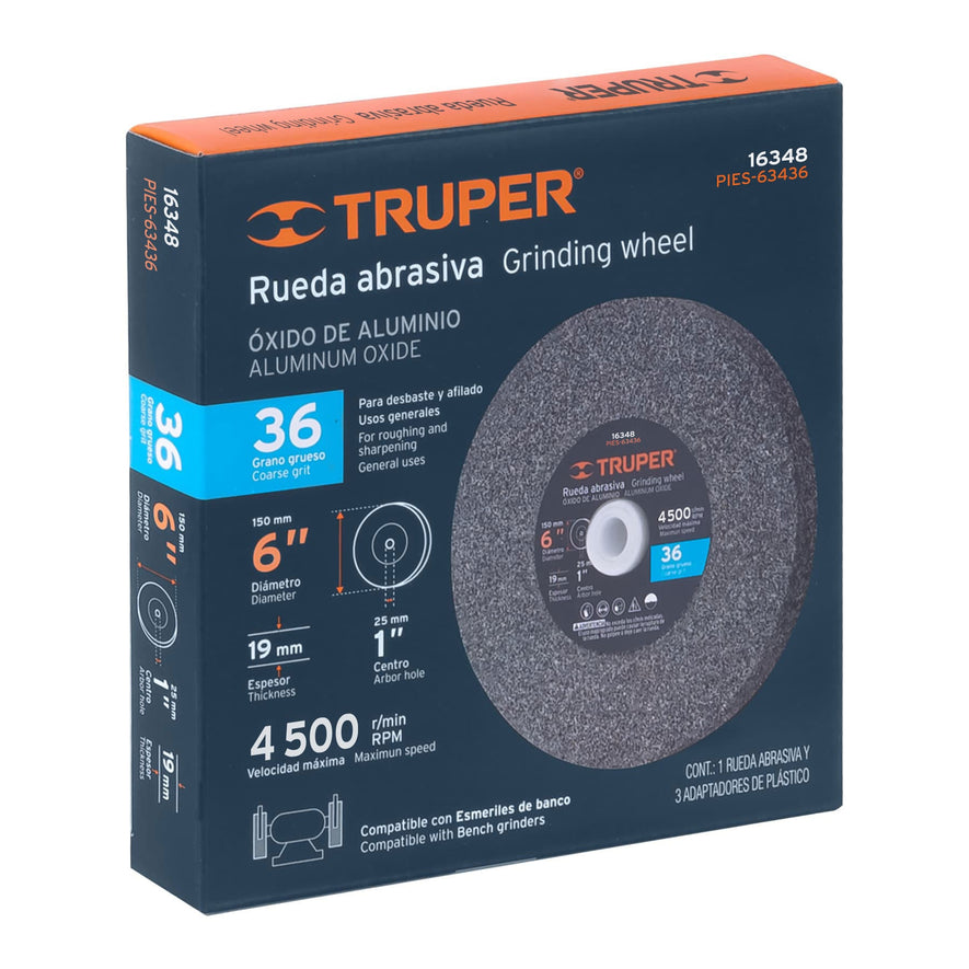 Rueda abrasiva p/esmeril 6X3/4', óxido de aluminio, grano 36 Caja con 6, 16348