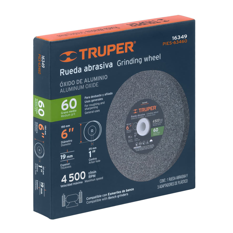 Rueda abrasiva p/esmeril 6X3/4', óxido de aluminio, grano 60 Caja con 6, 16349