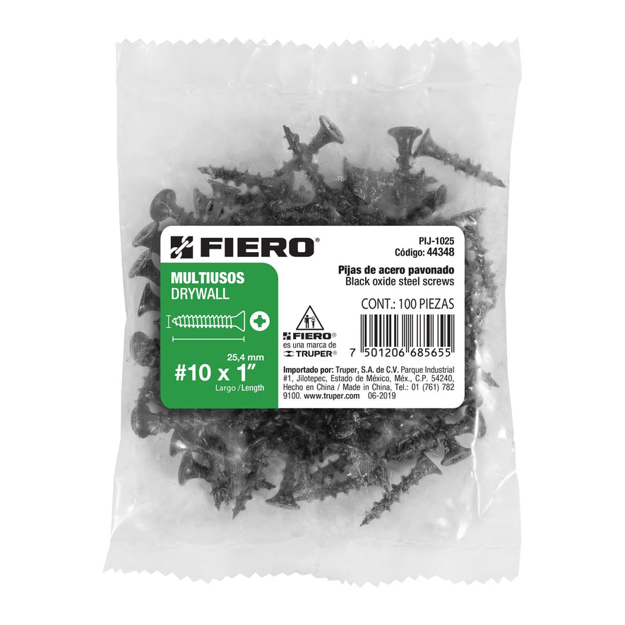 Bolsa con 100 pijas #10 x 1' multiusos, Fiero Caja con 6, 44348