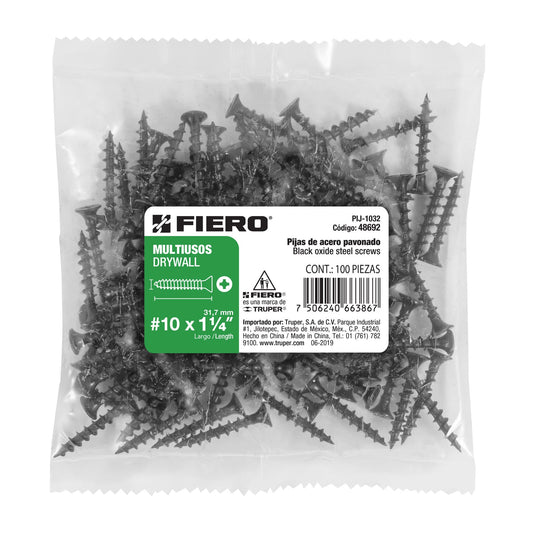 Bolsa con 100 pijas #10' x 1-1/4' multiusos, Fiero Caja con 6, 48692