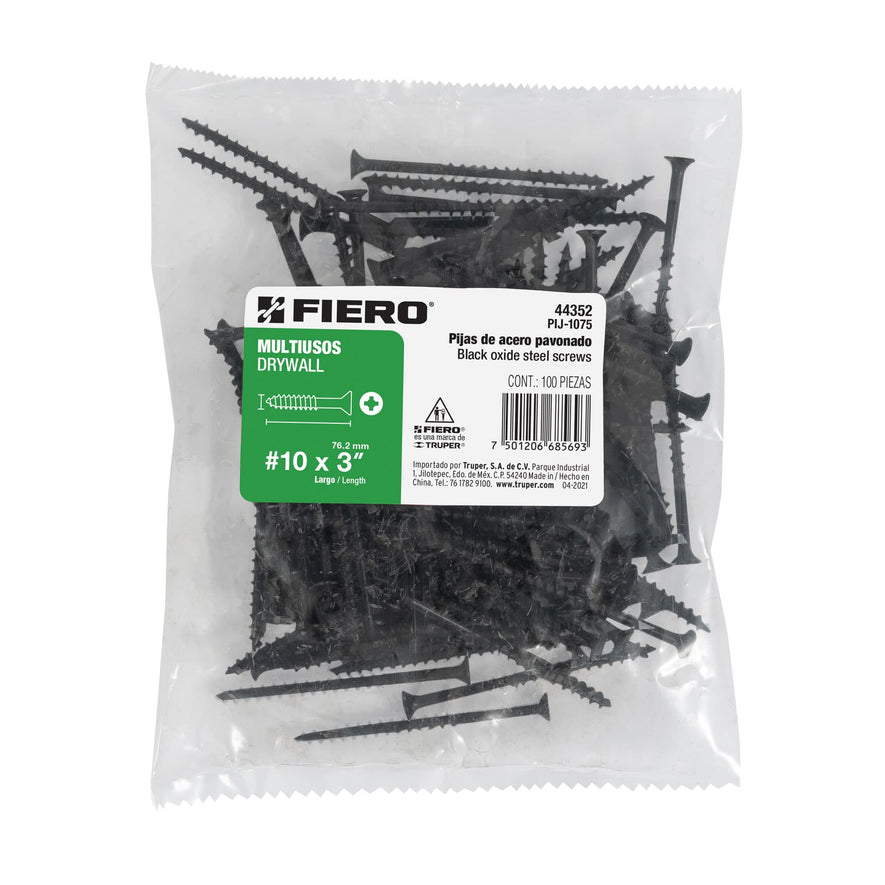 Bolsa con 100 pijas #10 x 3' multiusos, Fiero Caja con 6, 44352