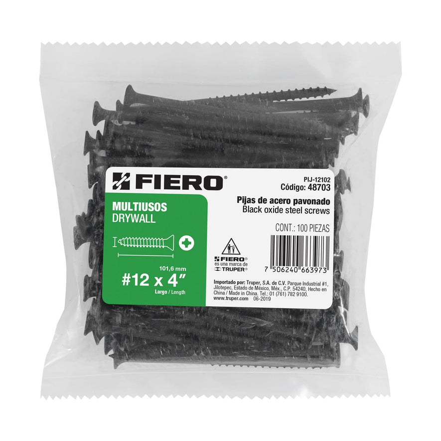 Bolsa con 100 pijas #12 x 4' multiusos, Fiero Caja con 6, 48703