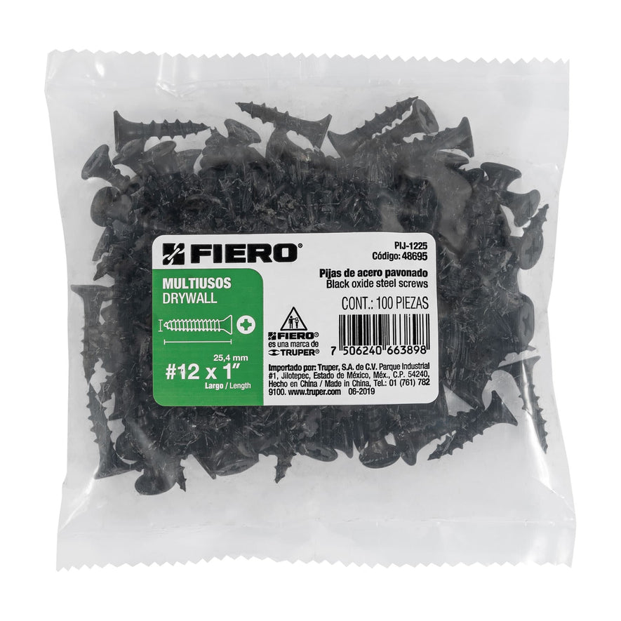 Bolsa con 100 pijas #12 x 1' multiusos, Fiero Caja con 6, 48695