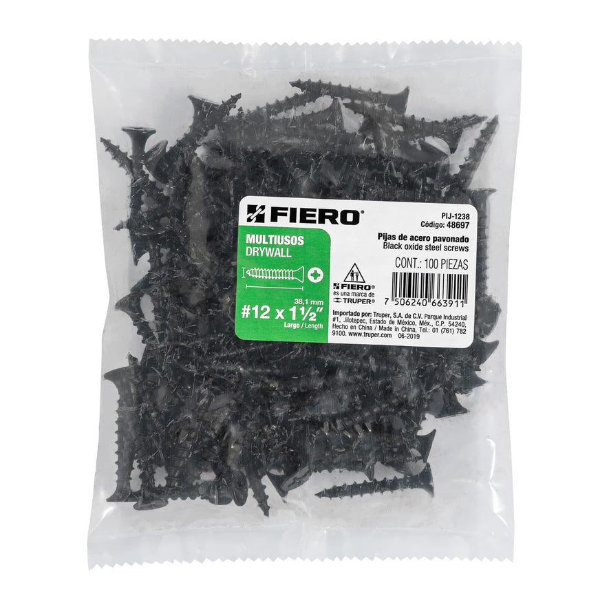 Bolsa con 100 pijas #12 x 1-1/2' multiusos, Fiero Caja con 6, 48697