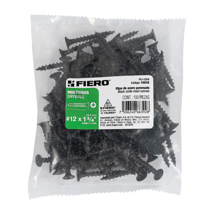 Bolsa con 100 pijas #12 x 1-3/4' multiusos, Fiero Caja con 6, 48698