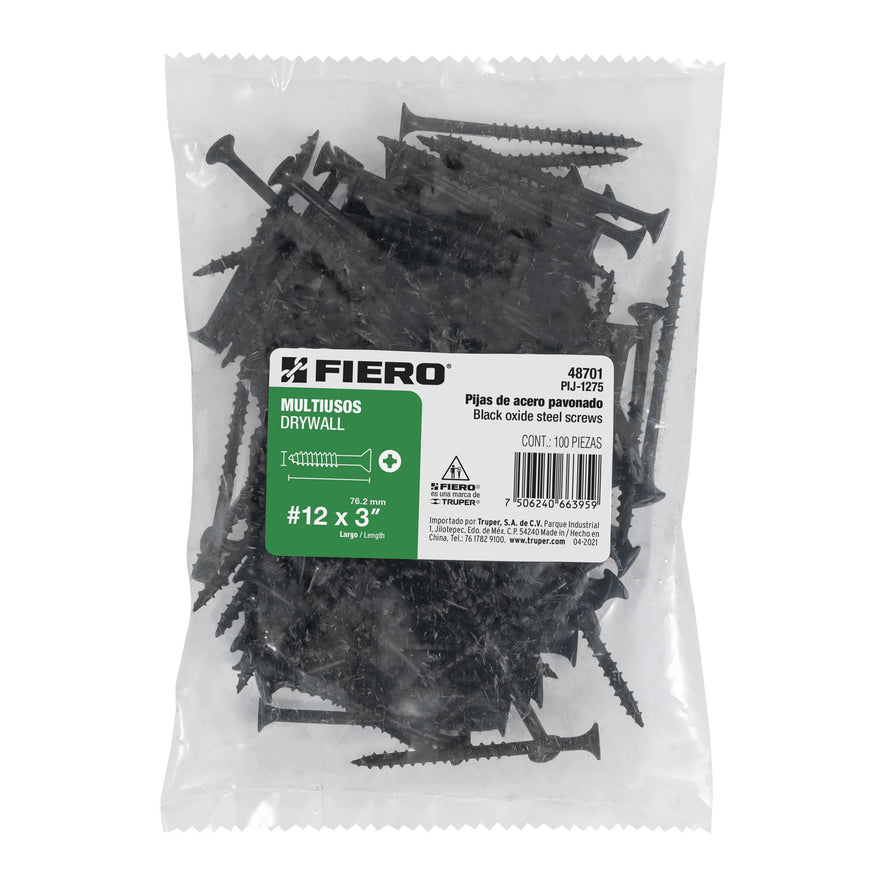 Bolsa con 100 pijas #12 x 3' multiusos, Fiero Caja con 6, 48701