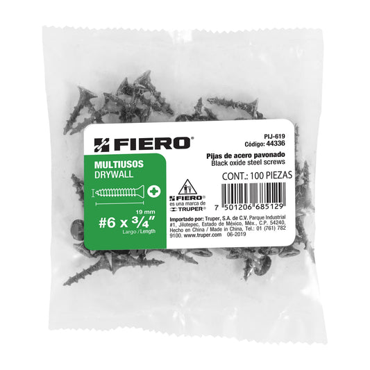 Bolsa con 100 pijas #6 x 3/4' multiusos, Fiero Caja con 6, 44336