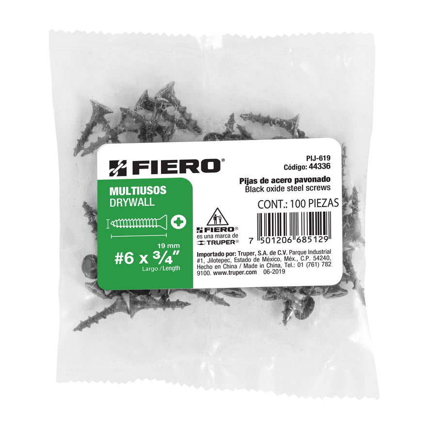 Bolsa con 100 pijas #6 x 3/4' multiusos, Fiero Caja con 6, 44336