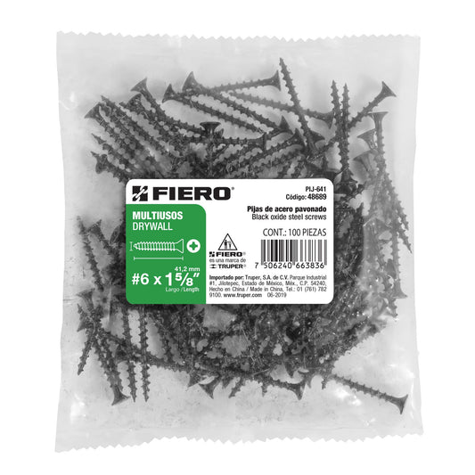 Bolsa con 100 pijas #6 x 1-5/8' multiusos, Fiero Caja con 6, 48689