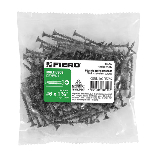 Bolsa con 100 pijas #6 x 1-3/4' multiusos, Fiero Caja con 6, 44340