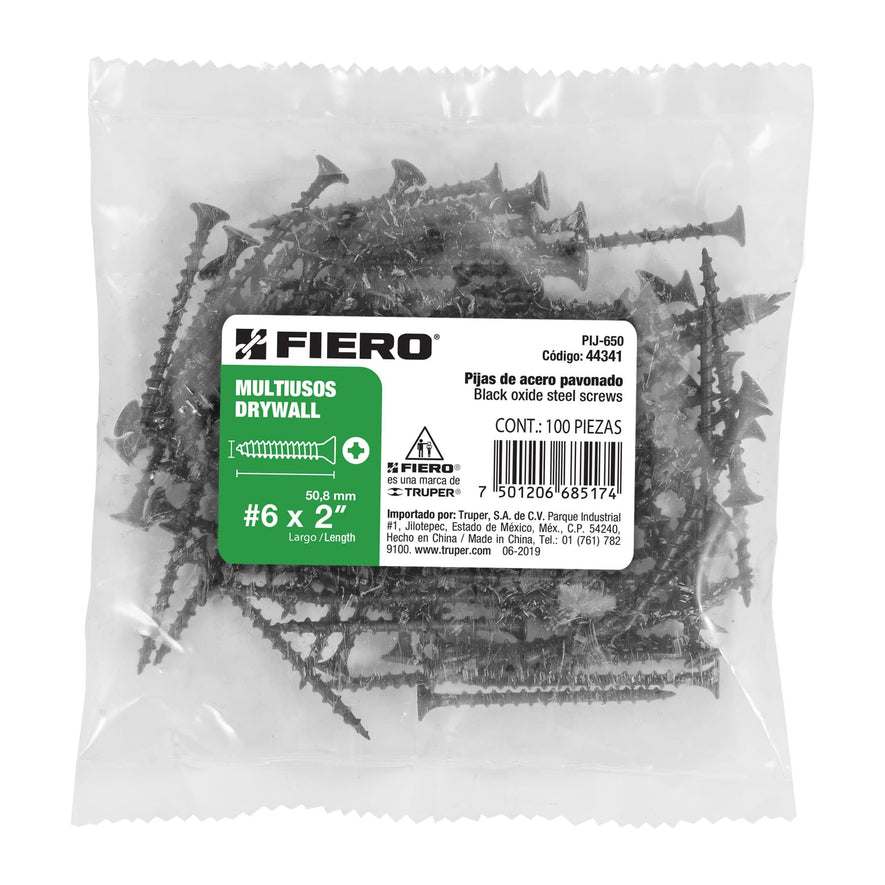 Bolsa con 100 pijas #6 x 2' multiusos, Fiero Caja con 6, 44341