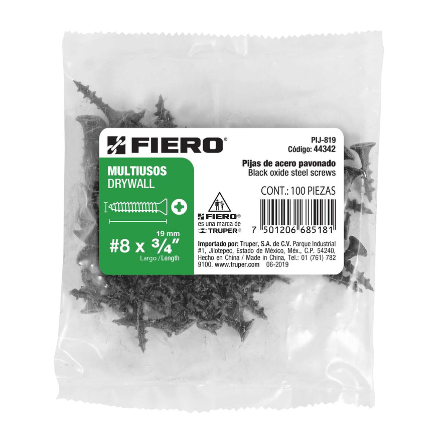 Bolsa con 100 pijas #8 x 3/4' multiusos, Fiero Caja con 6, 44342