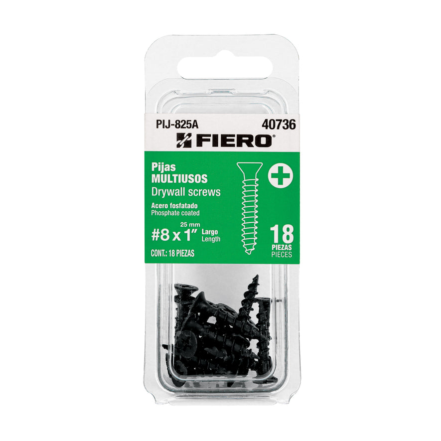 Blíster con 18 pijas multiusos, #8 x 1', Fiero Caja con 12, 40736