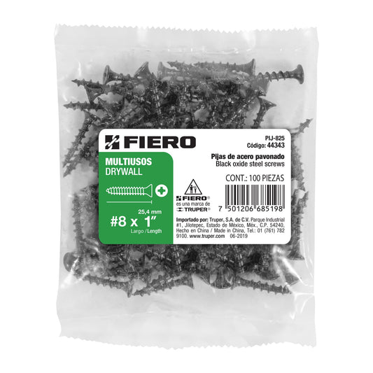 Bolsa con 100 pijas #8 x 1' multiusos, Fiero Caja con 6, 44343