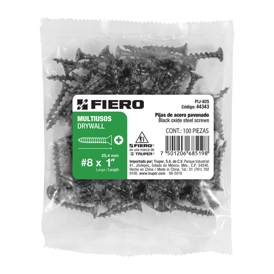 Bolsa con 100 pijas #8 x 1' multiusos, Fiero Caja con 6, 44343