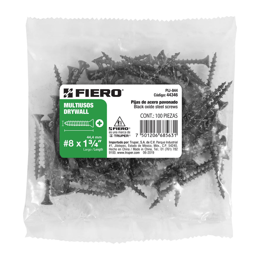 Bolsa con 100 pijas #8 x 1-3/4' multiusos, Fiero Caja con 6, 44346