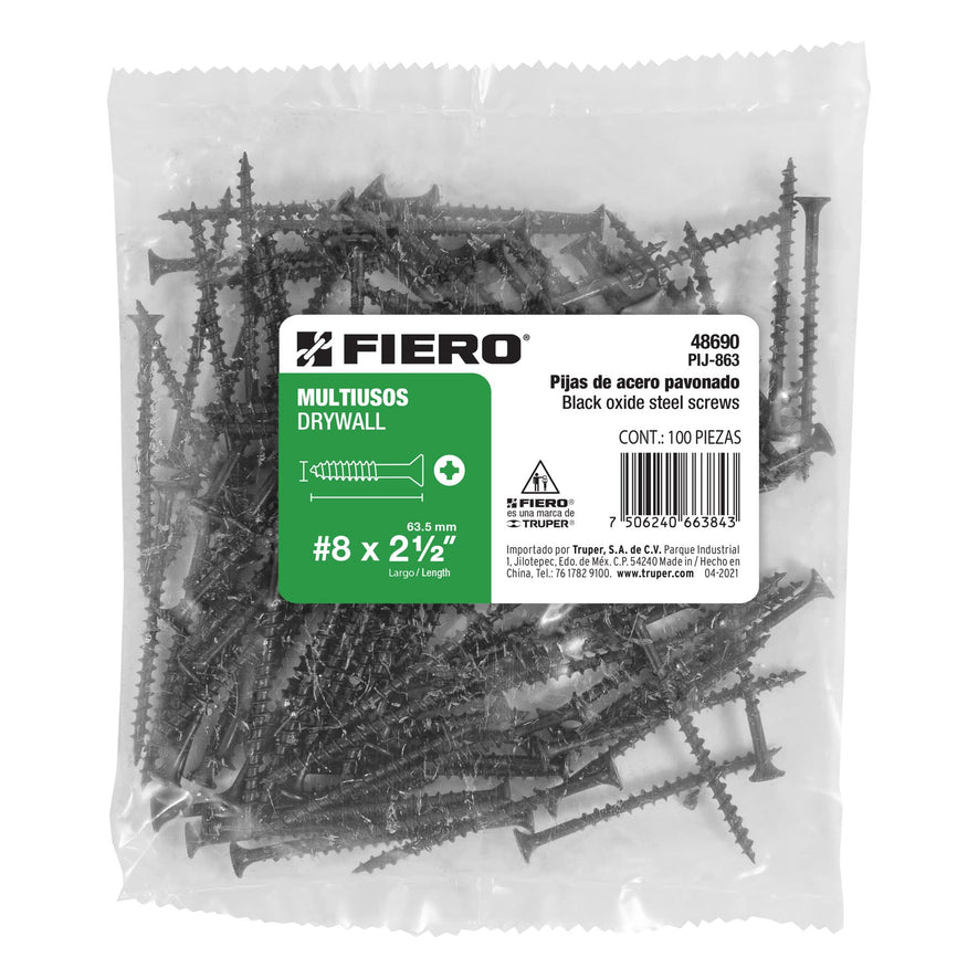 Bolsa con 100 pijas #8 x 2-1/2' multiusos, Fiero Caja con 6, 48690