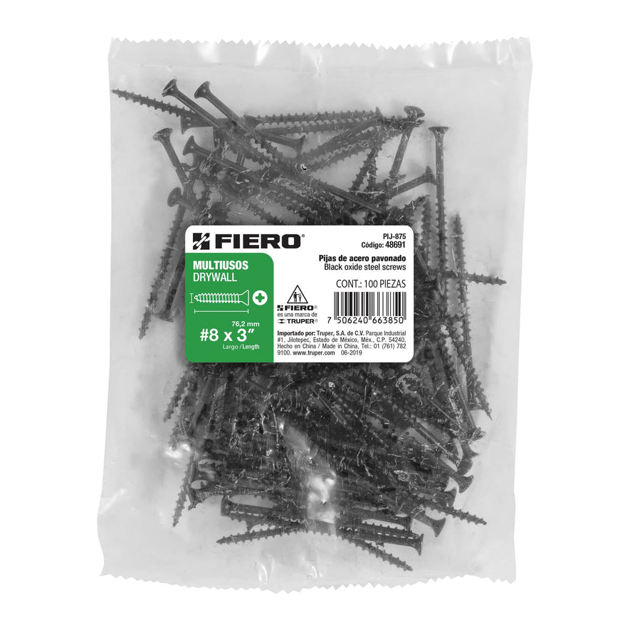 Bolsa con 100 pijas #8 x 3' multiusos, Fiero Caja con 6, 48691