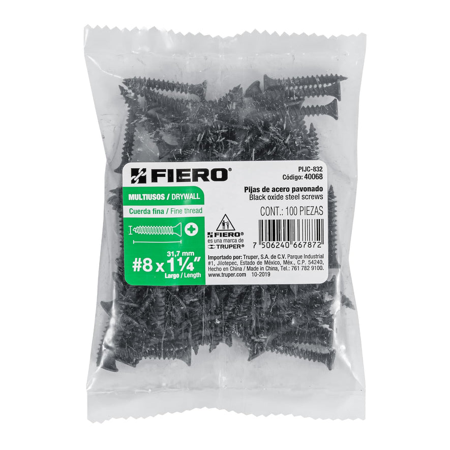 Bolsa con 100 pijas #8 x 1-1/4' multiusos cuerda fina, Fiero Caja con 6, 40068