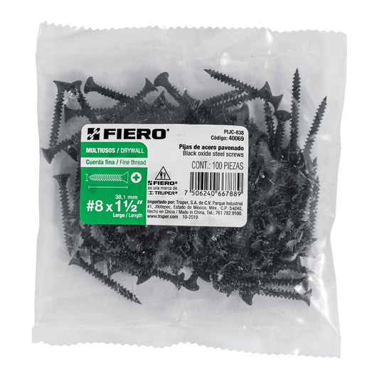 Bolsa con 100 pijas #8 x 1-1/2' multiusos cuerda fina, Fiero Caja con 6, 40069