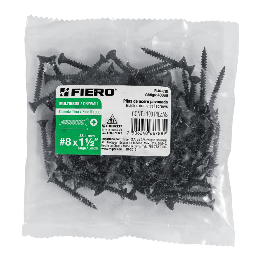 Bolsa con 100 pijas #8 x 1-1/2' multiusos cuerda fina, Fiero Caja con 6, 40069