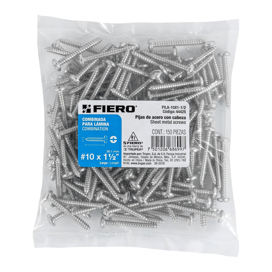 Bolsa con 150 pijas para lámina, #10 x 1-1/2', Fiero Caja con 6, 44425