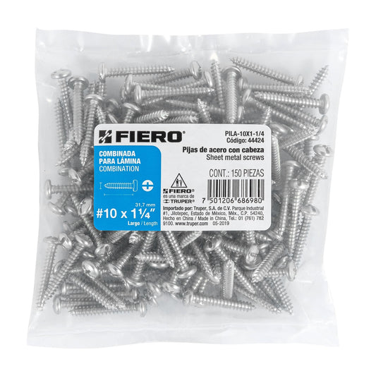 Bolsa con 150 pijas para lámina, #10 x 1-1/4', Fiero Caja con 6, 44424