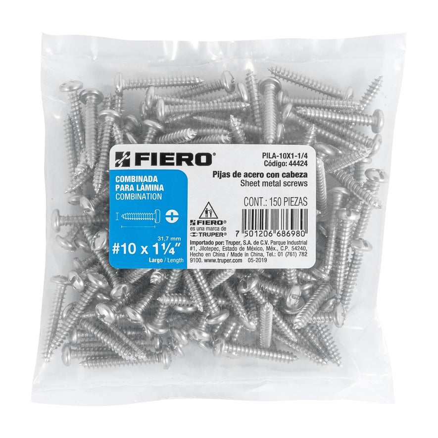 Bolsa con 150 pijas para lámina, #10 x 1-1/4', Fiero Caja con 6, 44424