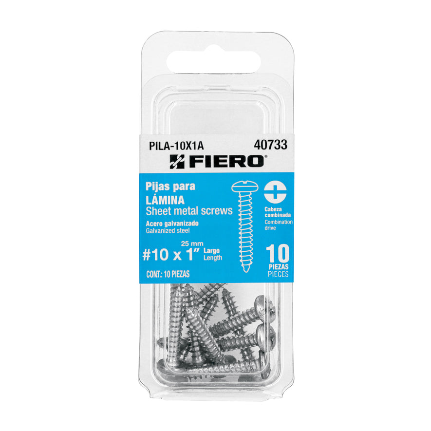 Blíster con 10 pijas para lámina, #10 x 1', Fiero Caja con 12, 40733
