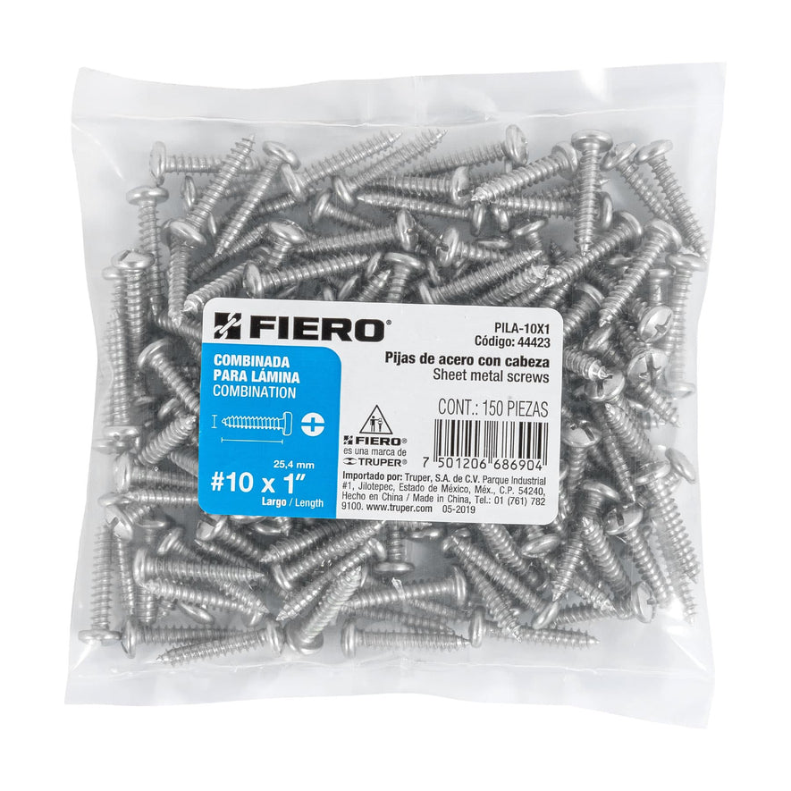 Bolsa con 150 pijas para lámina, #10 x 1', Fiero Caja con 6, 44423