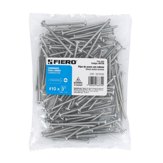 Bolsa con 150 pijas para lámina, #10 x 3', Fiero Caja con 6, 48728