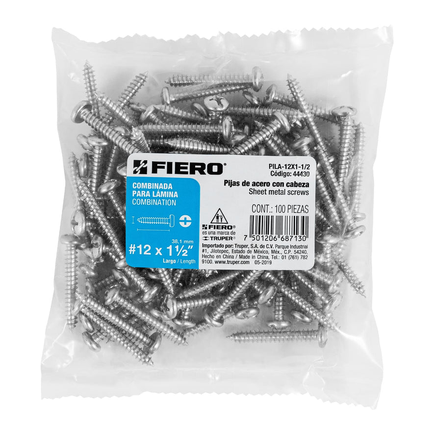 Bolsa con 100 pijas para lámina, #12 x 1-1/2', Fiero Caja con 6, 44430