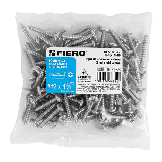 Bolsa con 100 pijas para lámina, #12 x 1-1/4', Fiero Caja con 6, 44429