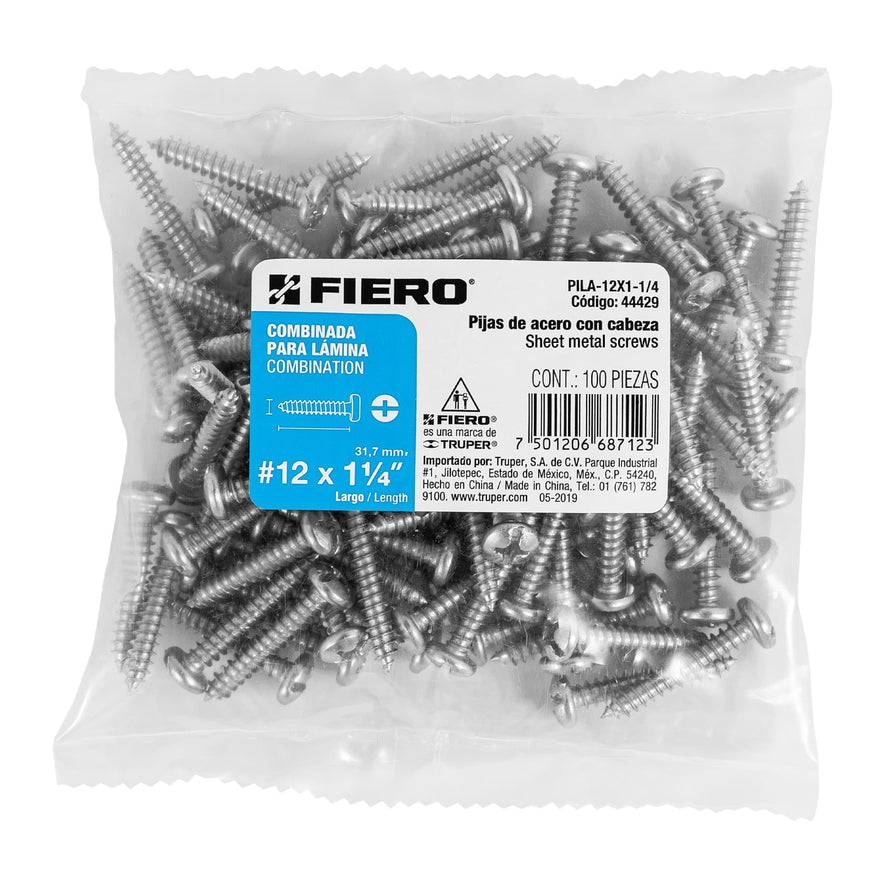 Bolsa con 100 pijas para lámina, #12 x 1-1/4', Fiero Caja con 6, 44429