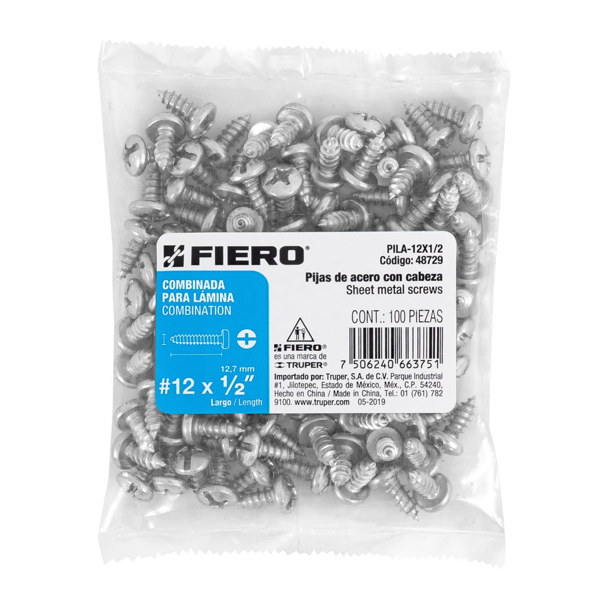 Bolsa con 100 pijas para lámina, #12 x 1/2', Fiero Caja con 6, 48729