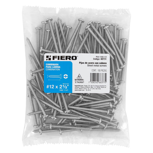 Bolsa con 100 pijas para lámina, #12 x 2-1/2', Fiero Caja con 6, 48731
