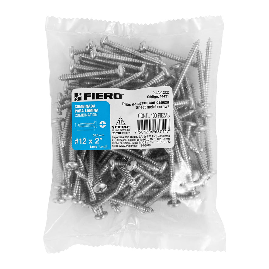 Bolsa con 100 pijas para lámina, #12 x 2', Fiero Caja con 6, 44431