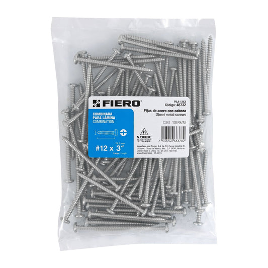 Bolsa con 100 pijas para lámina, #12 x 3', Fiero Caja con 6, 48732