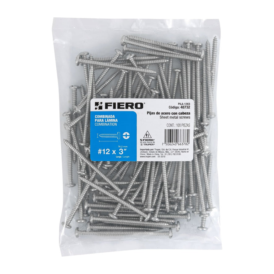 Bolsa con 100 pijas para lámina, #12 x 3', Fiero Caja con 6, 48732