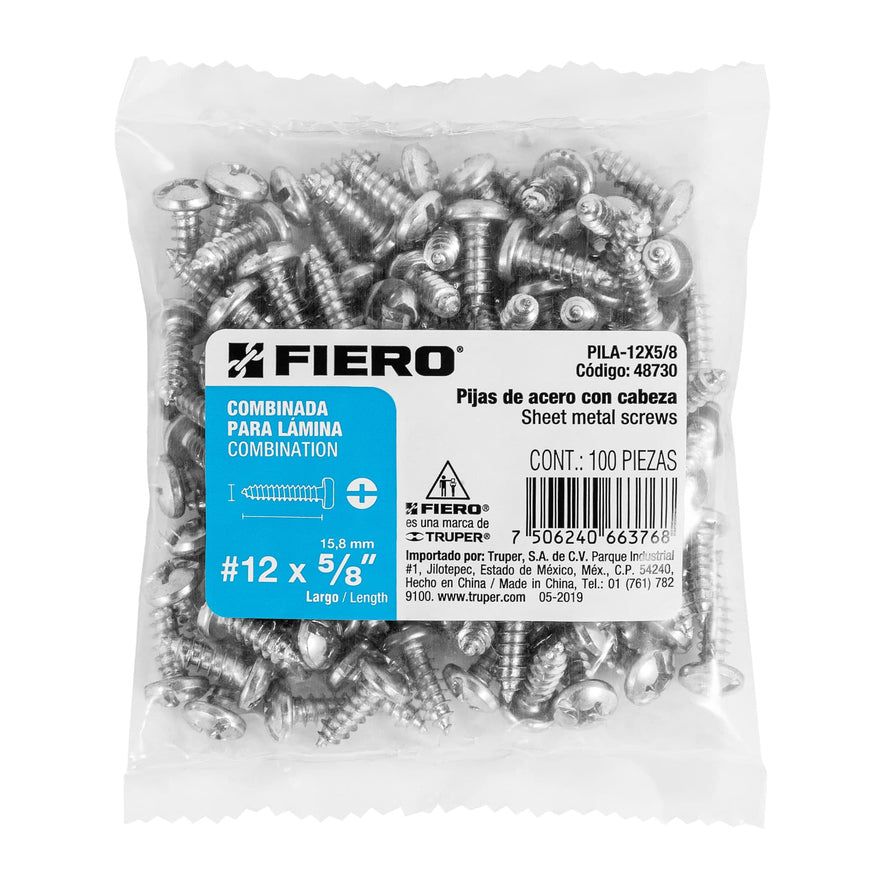 Bolsa con 100 pijas para lámina, #12 x 5/8', Fiero Caja con 6, 48730