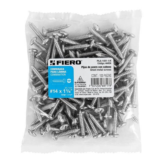 Bolsa con 100 pijas para lámina, #14 x 1-1/4', Fiero Caja con 6, 44434
